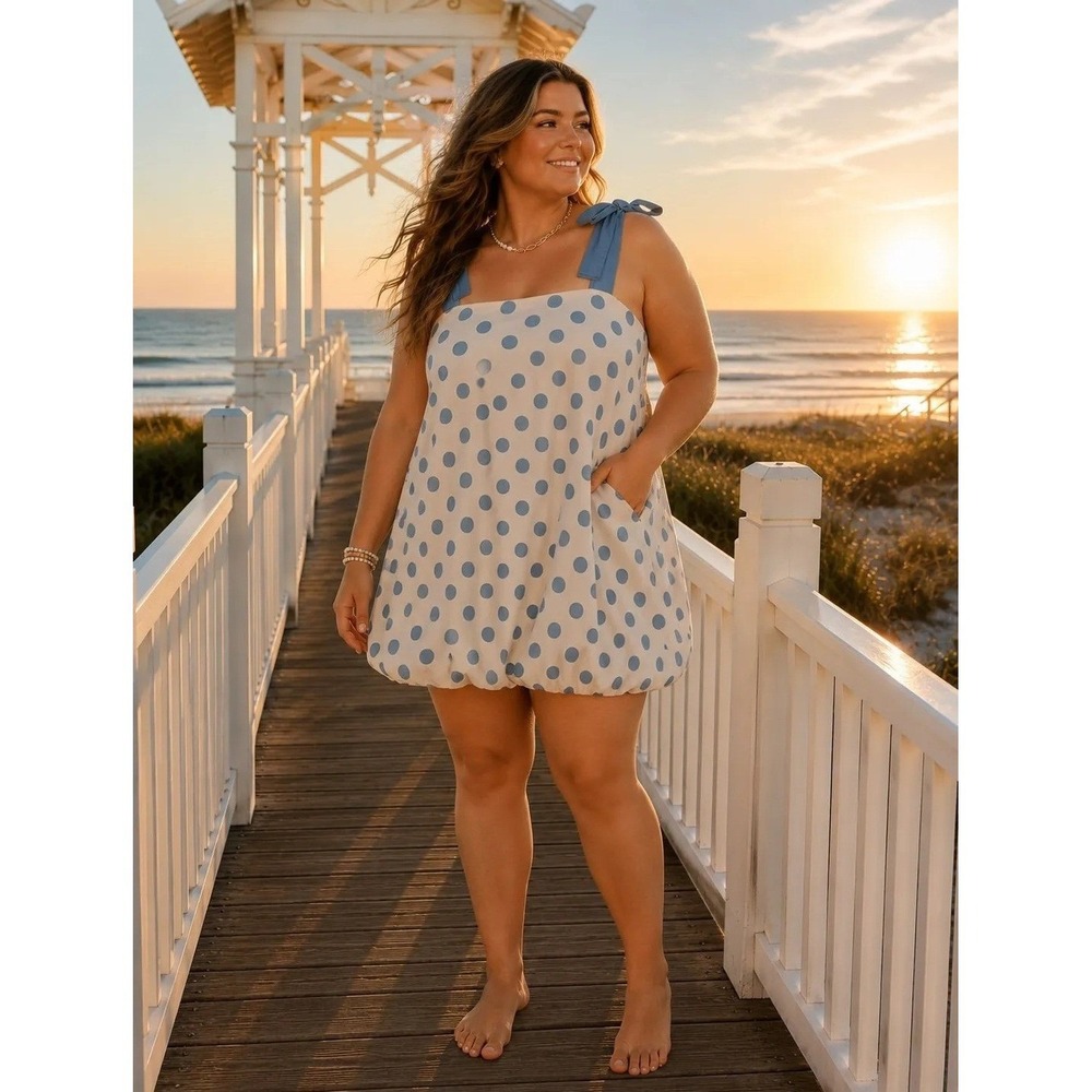 J.NNA Polka Dot Bubble Hem Dress 3XL Tie Shoulder Sleeveless Summer Baby Doll
